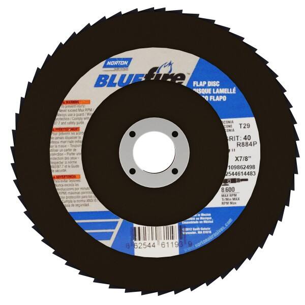 Norton - 40 Grit, 7" Disc Diam, 7/8" Center Hole, Type 29 Zirconia Alumina Flap Disc - 8,600 Max RPM, Cloth Backing, Arbor Attaching System, Coated - Exact Tooling