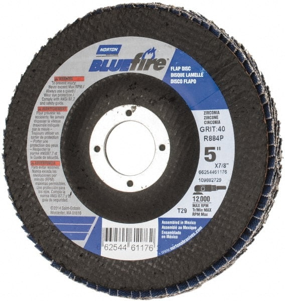 Norton - 40 Grit, 5" Disc Diam, 7/8" Center Hole, Type 29 Zirconia Alumina Flap Disc - 12,000 Max RPM, Cloth Backing, Arbor Attaching System, Coated - Exact Tooling