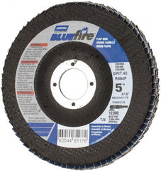 Norton - 40 Grit, 5" Disc Diam, 7/8" Center Hole, Type 29 Zirconia Alumina Flap Disc - 12,000 Max RPM, Cloth Backing, Arbor Attaching System, Coated - Exact Tooling