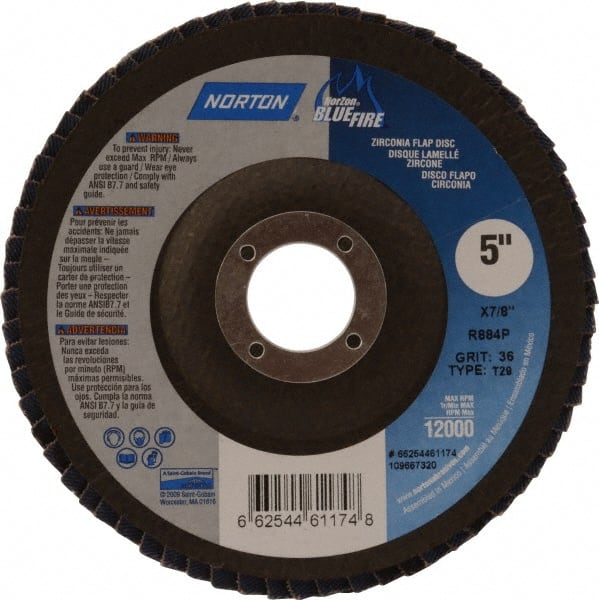 Norton - 36 Grit, 5" Disc Diam, 7/8" Center Hole, Type 29 Zirconia Alumina Flap Disc - 12,000 Max RPM, Cloth Backing, Arbor Attaching System, Coated - Exact Tooling