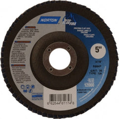 Norton - 36 Grit, 5" Disc Diam, 7/8" Center Hole, Type 29 Zirconia Alumina Flap Disc - 12,000 Max RPM, Cloth Backing, Arbor Attaching System, Coated - Exact Tooling
