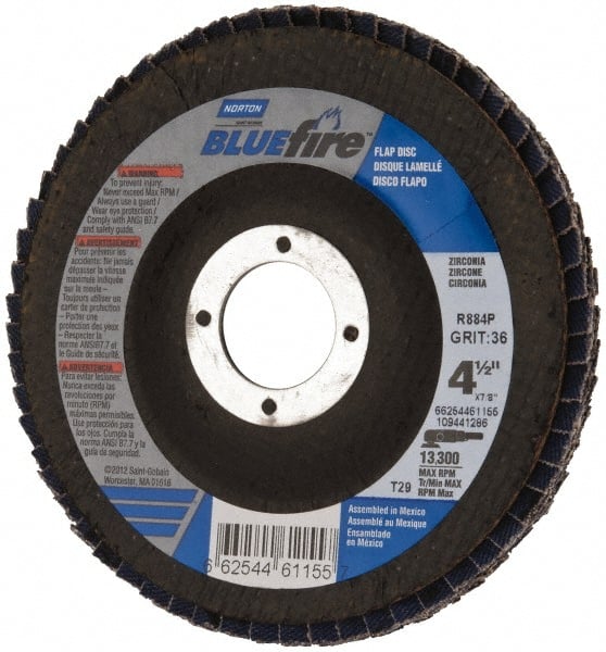 Norton - 36 Grit, 4-1/2" Disc Diam, 7/8" Center Hole, Type 29 Zirconia Alumina Flap Disc - 13,300 Max RPM, Cloth Backing, Arbor Attaching System, Coated - Exact Tooling