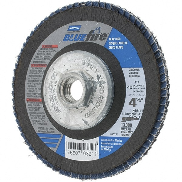 Norton - 40 Grit, 4-1/2" Disc Diam, 5/8-11 Center Hole, Type 29 Zirconia Alumina Flap Disc - 13,300 Max RPM, Cloth Backing, Arbor Attaching System, Coated - Exact Tooling