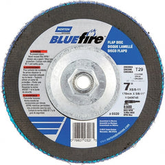 Norton - 40 Grit, 7" Disc Diam, 5/8-11 Center Hole, Type 29 Zirconia Alumina Flap Disc - 8,600 Max RPM, Cloth Backing, Arbor Attaching System, Coated - Exact Tooling