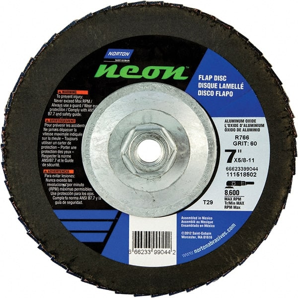 Norton - 120 Grit, 7" Disc Diam, 5/8-11 Center Hole, Type 29 Ceramic Alumina Flap Disc - 8,600 Max RPM, Polyester Backing, Arbor Attaching System, Coated - Exact Tooling