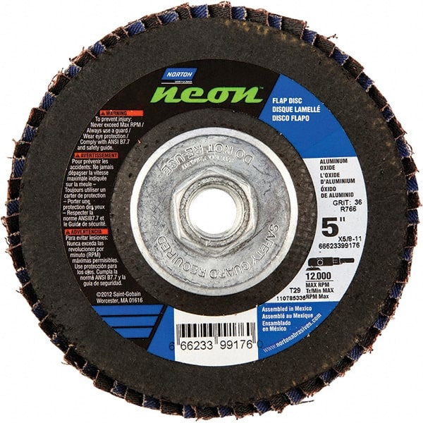 Norton - 80 Grit, 5" Disc Diam, 5/8-11 Center Hole, Type 29 Ceramic Alumina Flap Disc - 12,000 Max RPM, Polyester Backing, Arbor Attaching System, Coated - Exact Tooling