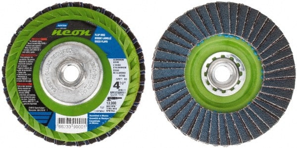 Norton - 120 Grit, 4-1/2" Disc Diam, 7/8" Center Hole, Type 29 Ceramic Alumina Flap Disc - 13,300 Max RPM, Polyester Backing, Arbor Attaching System, Coated - Exact Tooling