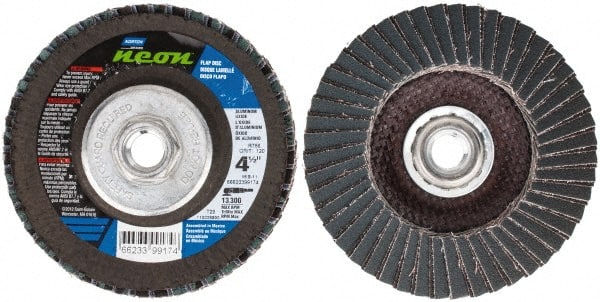 Norton - 120 Grit, 4-1/2" Disc Diam, 5/8-11 Center Hole, Type 29 Ceramic Alumina Flap Disc - 13,300 Max RPM, Polyester Backing, Arbor Attaching System, Coated - Exact Tooling