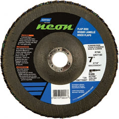 Norton - 40 Grit, 7" Disc Diam, 7/8" Center Hole, Type 29 Ceramic Alumina Flap Disc - 8,600 Max RPM, Polyester Backing, Arbor Attaching System, Coated - Exact Tooling