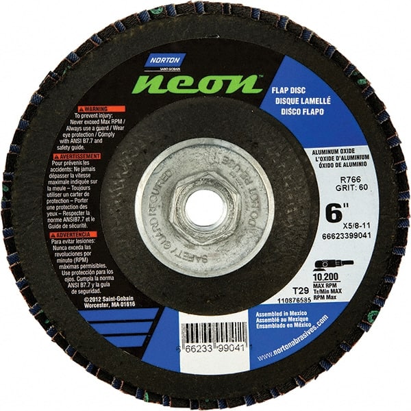 Norton - 60 Grit, 6" Disc Diam, 5/8-11 Center Hole, Type 29 Ceramic Alumina Flap Disc - 10,200 Max RPM, Polyester Backing, Arbor Attaching System, Coated - Exact Tooling