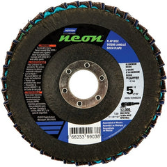 Norton - 40 Grit, 5" Disc Diam, 7/8" Center Hole, Type 29 Ceramic Alumina Flap Disc - 12,000 Max RPM, Polyester Backing, Arbor Attaching System, Coated - Exact Tooling