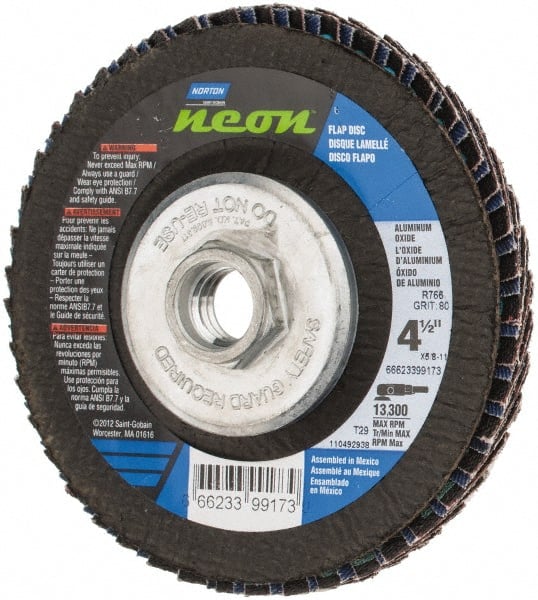 Norton - 80 Grit, 4-1/2" Disc Diam, 5/8-11 Center Hole, Type 29 Ceramic Alumina Flap Disc - 13,300 Max RPM, Polyester Backing, Arbor Attaching System, Coated - Exact Tooling