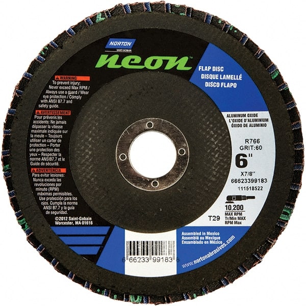 Norton - 40 Grit, 6" Disc Diam, 7/8" Center Hole, Type 29 Ceramic Alumina Flap Disc - 10,200 Max RPM, Polyester Backing, Arbor Attaching System, Coated - Exact Tooling