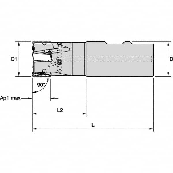 Kennametal - 1-1/4" Cut Diam, 15.5mm Max Depth of Cut, 1-1/4" Shank Diam, 115.06mm OAL, Indexable Square Shoulder End Mill - LNGU15T608SRGE Inserts, Weldon Shank, 0° Lead Angle, Through Coolant, Series MILL 4-15 - Exact Tooling