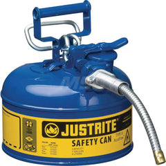 Justrite - Safety Dispensing Cans; Capacity: 1 Gal. ; Material: Steel ; Color: Blue ; Height (Decimal Inch): 10.500000 ; Diameter/Length (mm): 9.50 ; Approval Listing/Regulations: FM Approved; UL; ULC; TUV - Exact Tooling