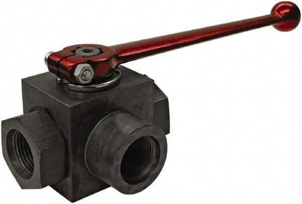 HYDAC - 1/2" Pipe, Full Port, Carbon Steel Full Port Ball Valve - Three Way, SAE Ends, Straight Handle, 6,000 WOG - Exact Tooling