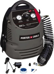 Porter-Cable - 0.8 hp, 2 CFM at 90 psi Hand Carry Compressor - 1.5 Gallon Tank, 10 Amp, 150 Max psi, 120V - Exact Tooling