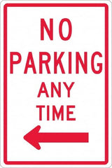 NMC - "No Parking Anytime", "Left Arrow", 12" Wide x 18" High, Aluminum No Parking & Tow Away Signs - 0.063" Thick, Red on White, Rectangle, Post Mount - Exact Tooling