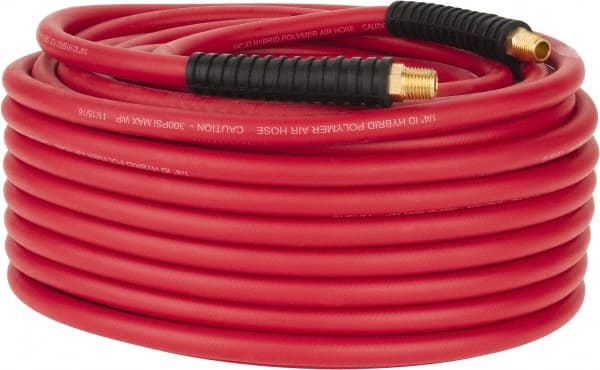 PRO-SOURCE - 1/4" ID x 0.4921" OD 100' Long Multipurpose Air Hose - MNPT x MNPT Ends, 300 Working psi, -40 to 180°F, 1/4" Fitting, Red - Exact Tooling