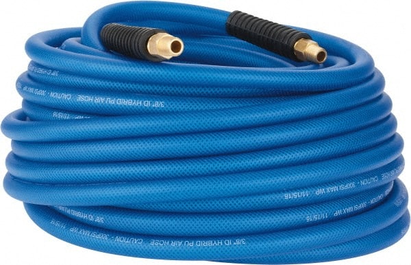 PRO-SOURCE - 3/8" ID x 0.6102" OD 100' Long Multipurpose Air Hose - MNPT(Swivel) x MNPT(Swivel) Ends, 300 Working psi, -40 to 176°F, 1/4" Fitting, Transparent Blue - Exact Tooling