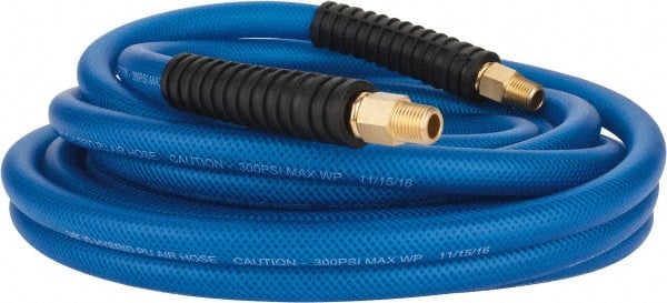 PRO-SOURCE - 3/8" ID x 0.6102" OD 25' Long Multipurpose Air Hose - MNPT(Swivel) x MNPT(Swivel) Ends, 300 Working psi, -40 to 176°F, 1/4" Fitting, Transparent Blue - Exact Tooling
