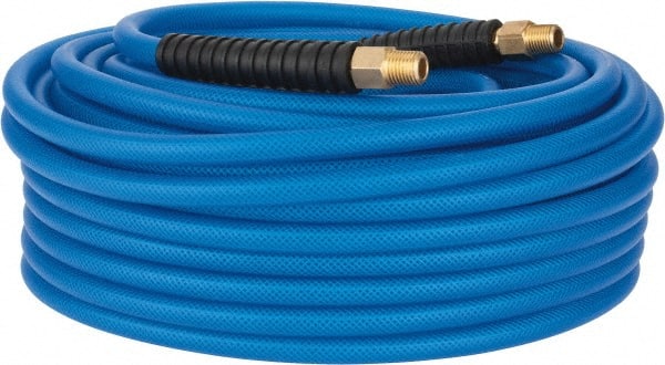 PRO-SOURCE - 1/4" ID x 0.4331" OD 100' Long Multipurpose Air Hose - MNPT(Swivel) x MNPT(Swivel) Ends, 300 Working psi, -40 to 176°F, 1/4" Fitting, Transparent Blue - Exact Tooling