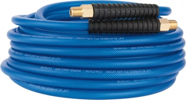 PRO-SOURCE - 1/4" ID x 0.4331" OD 50' Long Multipurpose Air Hose - MNPT(Swivel) x MNPT(Swivel) Ends, 300 Working psi, -40 to 176°F, 1/4" Fitting, Transparent Blue - Exact Tooling