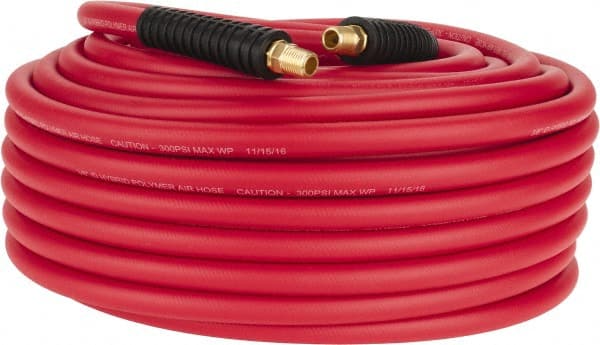 PRO-SOURCE - 3/8" ID x 0.6496" OD 100' Long Multipurpose Air Hose - MNPT x MNPT Ends, 300 Working psi, -40 to 180°F, 1/4" Fitting, Red - Exact Tooling