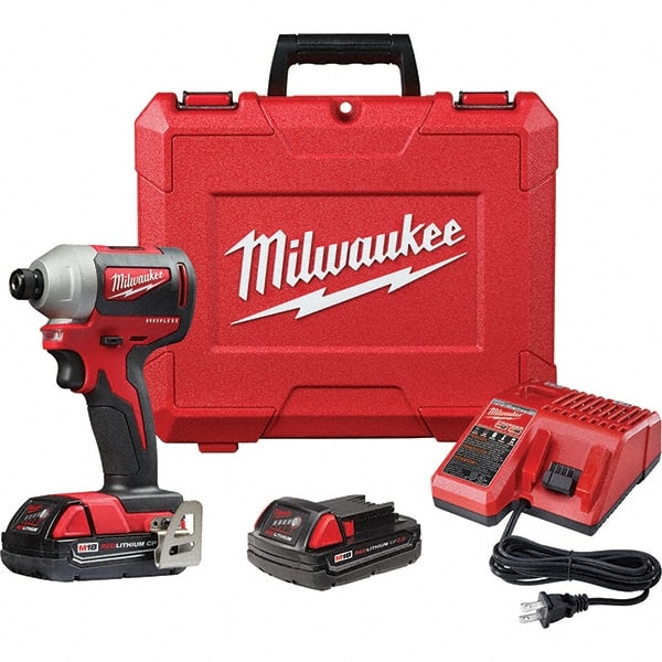Milwaukee Tool - 18 Volt, 1/4" Drive, 133 Ft/Lb Torque, Cordless Impact Driver - Pistol Grip Handle, 3200 RPM, 2 Lithium-Ion Batteries Included - Exact Tooling