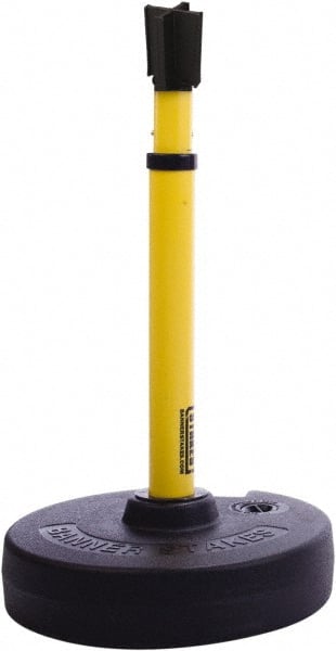 Banner Stakes - 22 to 42" High, 2-3/8" Pole Diam, Barrier Post Base, Stanchion & Receiver Head - 9" Base Diam, Round Nylon Base, Yellow Plastic Post, 15' x 2-1/2" Tape, For Outdoor Use - Exact Tooling