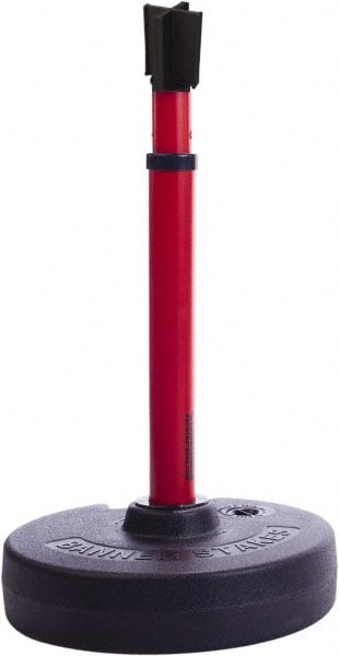 Banner Stakes - 22 to 42" High, 2-3/8" Pole Diam, Barrier Post Base, Stanchion & Receiver Head - 9" Base Diam, Round Nylon Base, Red Plastic Post, 15' x 2-1/2" Tape, For Outdoor Use - Exact Tooling
