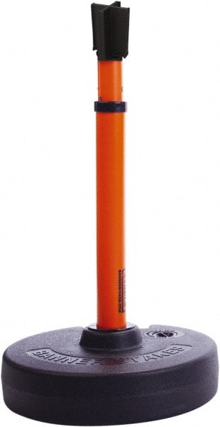 Banner Stakes - 22 to 42" High, 2-3/8" Pole Diam, Barrier Post Base, Stanchion & Receiver Head - 9" Base Diam, Round Nylon Base, Orange Plastic Post, 15' x 2-1/2" Tape, For Outdoor Use - Exact Tooling