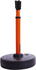 Banner Stakes - 22 to 42" High, 2-3/8" Pole Diam, Barrier Post Base, Stanchion & Receiver Head - 9" Base Diam, Round Nylon Base, Orange Plastic Post, 15' x 2-1/2" Tape, For Outdoor Use - Exact Tooling
