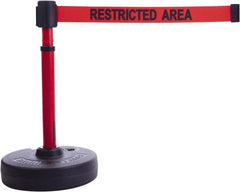 Banner Stakes - 22 to 42" High, 2-3/8" Pole Diam, Barrier Post Base & Stanchion - 9" Base Diam, Round Nylon Base, Red Plastic Post, 15' x 2-1/2" Tape, For Outdoor Use - Exact Tooling