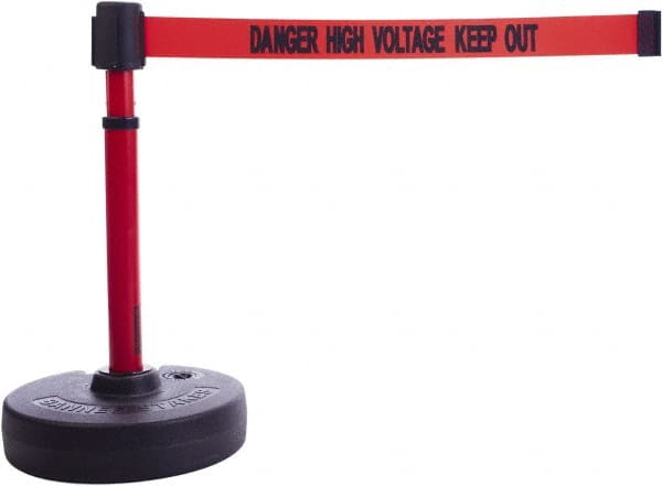 Banner Stakes - 22 to 42" High, 2-3/8" Pole Diam, Barrier Post Base & Stanchion - 9" Base Diam, Round Nylon Base, Red Plastic Post, 15' x 2-1/2" Tape, For Outdoor Use - Exact Tooling