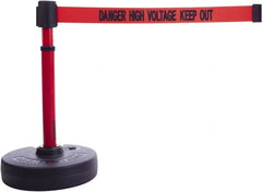 Banner Stakes - 22 to 42" High, 2-3/8" Pole Diam, Barrier Post Base & Stanchion - 9" Base Diam, Round Nylon Base, Red Plastic Post, 15' x 2-1/2" Tape, For Outdoor Use - Exact Tooling