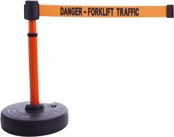 Banner Stakes - 22 to 42" High, 2-3/8" Pole Diam, Barrier Post Base & Stanchion - 9" Base Diam, Round Nylon Base, Orange Plastic Post, 15' x 2-1/2" Tape, For Outdoor Use - Exact Tooling