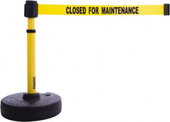 Banner Stakes - 22 to 42" High, 2-3/8" Pole Diam, Barrier Post Base & Stanchion - 9" Base Diam, Round Nylon Base, Yellow Plastic Post, 15' x 2-1/2" Tape, For Outdoor Use - Exact Tooling