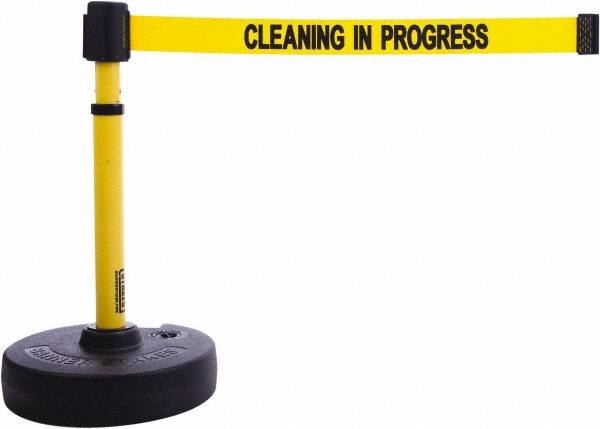 Banner Stakes - 22 to 42" High, 2-3/8" Pole Diam, Barrier Post Base & Stanchion - 9" Base Diam, Round Nylon Base, Yellow Plastic Post, 15' x 2-1/2" Tape, For Outdoor Use - Exact Tooling