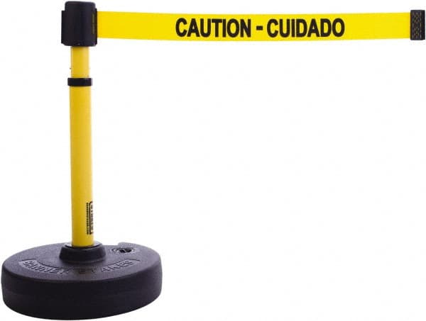 Banner Stakes - 22 to 42" High, 2-3/8" Pole Diam, Barrier Post Base & Stanchion - 9" Base Diam, Round Nylon Base, Yellow Plastic Post, 15' x 2-1/2" Tape, For Outdoor Use - Exact Tooling