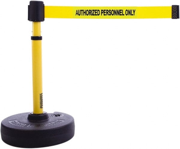 Banner Stakes - 22 to 42" High, 2-3/8" Pole Diam, Barrier Post Base & Stanchion - 9" Base Diam, Round Nylon Base, Yellow Plastic Post, 15' x 2-1/2" Tape, For Outdoor Use - Exact Tooling