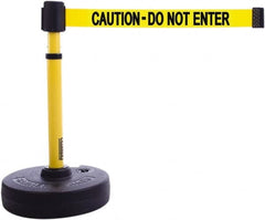 Banner Stakes - 22 to 42" High, 2-3/8" Pole Diam, Barrier Post Base & Stanchion - 9" Base Diam, Round Nylon Base, Yellow Plastic Post, 15' x 2-1/2" Tape, For Outdoor Use - Exact Tooling