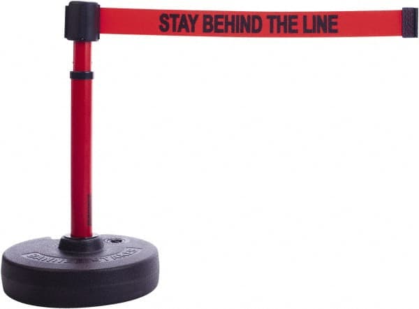 Banner Stakes - 22 to 42" High, 2-3/8" Pole Diam, Barrier Post Base & Stanchion - 9" Base Diam, Round Nylon Base, Red Plastic Post, 15' x 2-1/2" Tape, For Outdoor Use - Exact Tooling