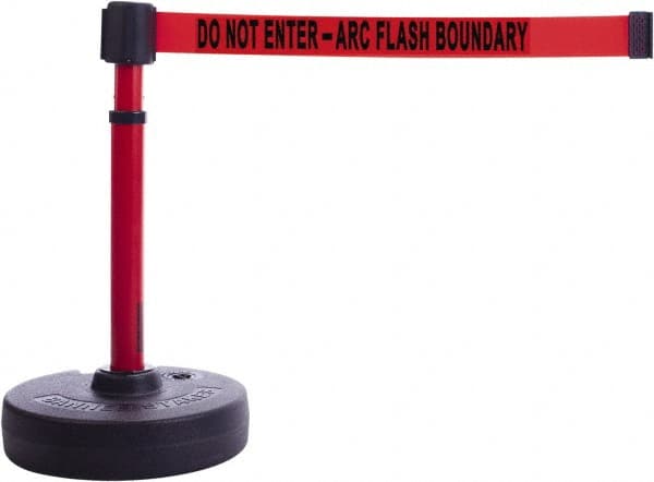Banner Stakes - 22 to 42" High, 2-3/8" Pole Diam, Barrier Post Base & Stanchion - 9" Base Diam, Round Nylon Base, Red Plastic Post, 15' x 2-1/2" Tape, For Outdoor Use - Exact Tooling