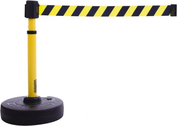 Banner Stakes - 22 to 42" High, 2-3/8" Pole Diam, Barrier Post Base & Stanchion - 9" Base Diam, Round Nylon Base, Yellow Plastic Post, 15' x 2-1/2" Tape, For Outdoor Use - Exact Tooling