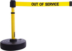 Banner Stakes - 22 to 42" High, 2-3/8" Pole Diam, Barrier Post Base & Stanchion - 9" Base Diam, Round Nylon Base, Yellow Plastic Post, 15' x 2-1/2" Tape, For Outdoor Use - Exact Tooling