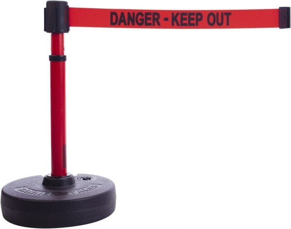 Banner Stakes - 22 to 42" High, 2-3/8" Pole Diam, Barrier Post Base & Stanchion - 9" Base Diam, Round Nylon Base, Red Plastic Post, 15' x 2-1/2" Tape, For Outdoor Use - Exact Tooling