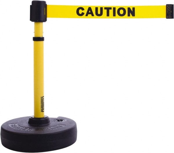 Banner Stakes - 22 to 42" High, 2-3/8" Pole Diam, Barrier Post Base & Stanchion - 9" Base Diam, Round Nylon Base, Yellow Plastic Post, 15' x 2-1/2" Tape, For Outdoor Use - Exact Tooling