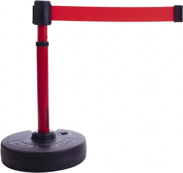 Banner Stakes - 22 to 42" High, 2-3/8" Pole Diam, Barrier Post Base & Stanchion - 9" Base Diam, Round Nylon Base, Red Plastic Post, 15' x 2-1/2" Tape, For Outdoor Use - Exact Tooling