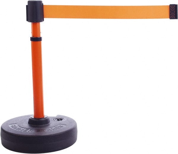 Banner Stakes - 22 to 42" High, 2-3/8" Pole Diam, Barrier Post Base & Stanchion - 9" Base Diam, Round Nylon Base, Orange Plastic Post, 15' x 2-1/2" Tape, For Outdoor Use - Exact Tooling